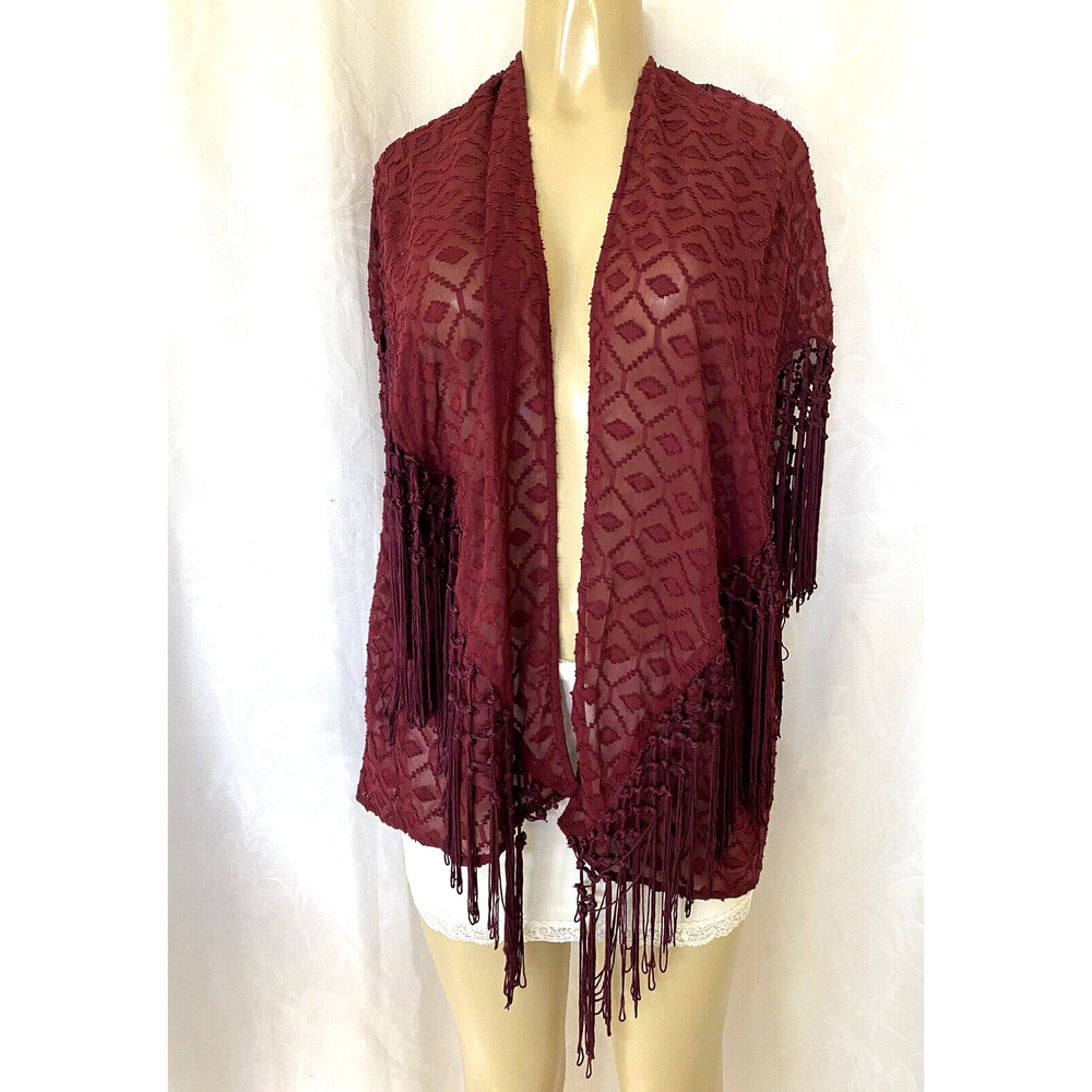 House Of Harlow 1960 Fringe Kimono Tunic Cardigan Burgundy Red Open Fron… - Picture 2 of 5